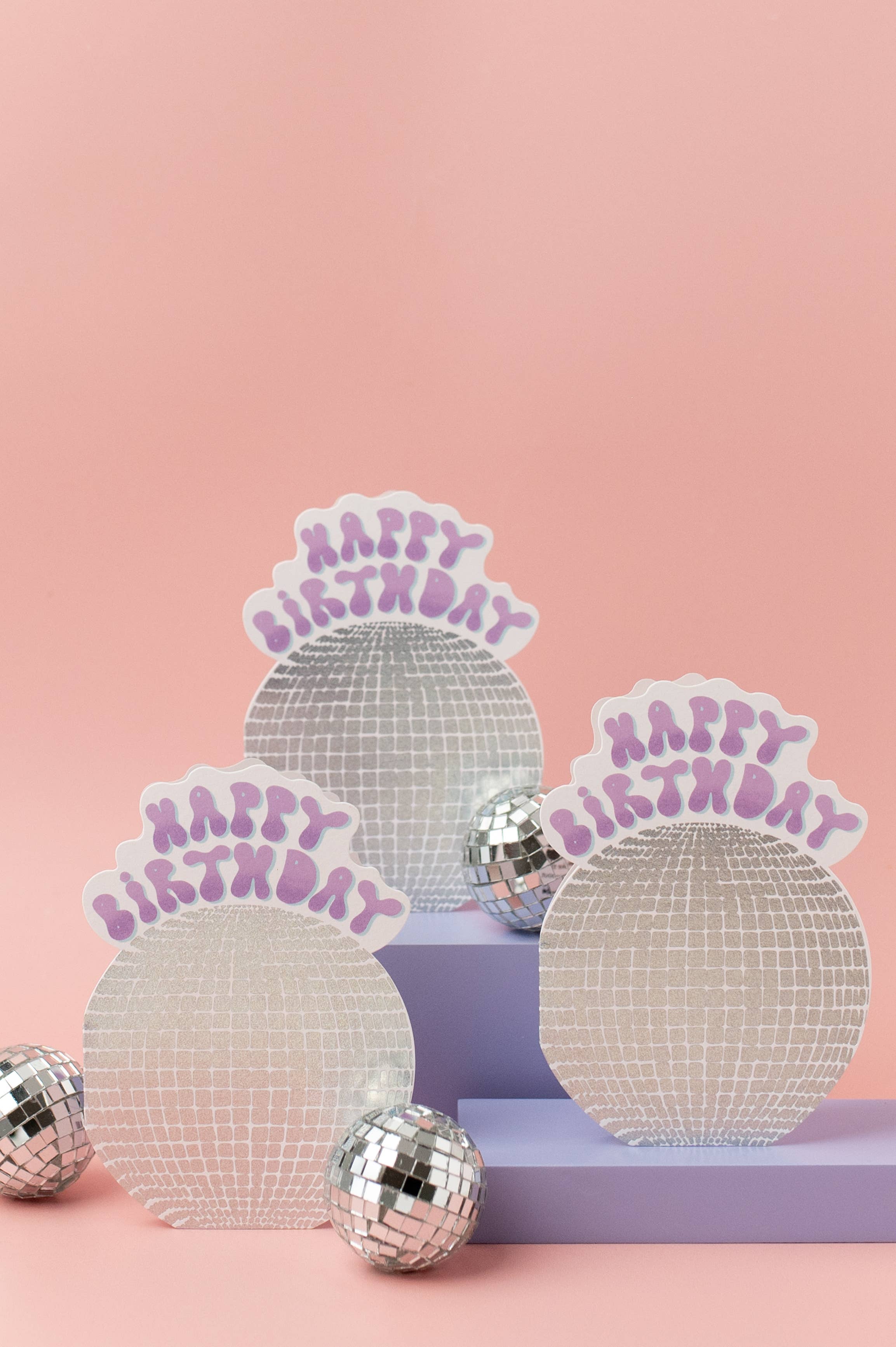 Tikkled Pink – wholesale Birthday card – Disco Ball Birthday Card | Shaped Die Cut Mirror Ball Card3