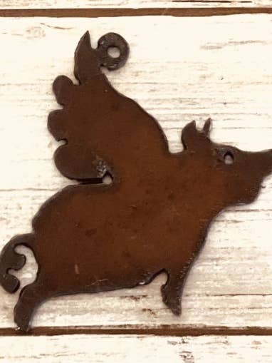 Flying Pig Charm Rustic Metal Pendant Ornament for wholesale by Universal Ironworks USA