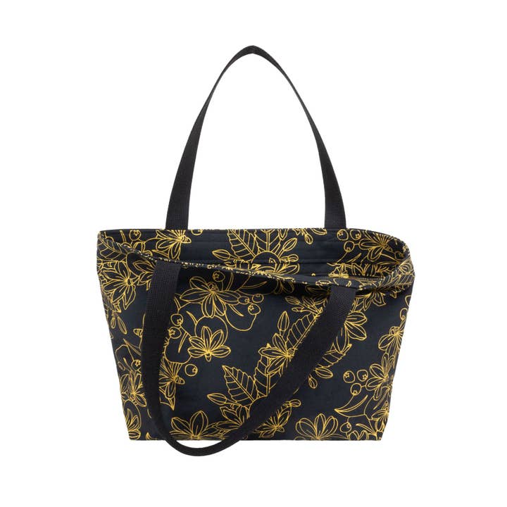 Beach Bag Tote Deluxe • Naupaka • Gold on Black Fabric for wholesale by Jana Lam