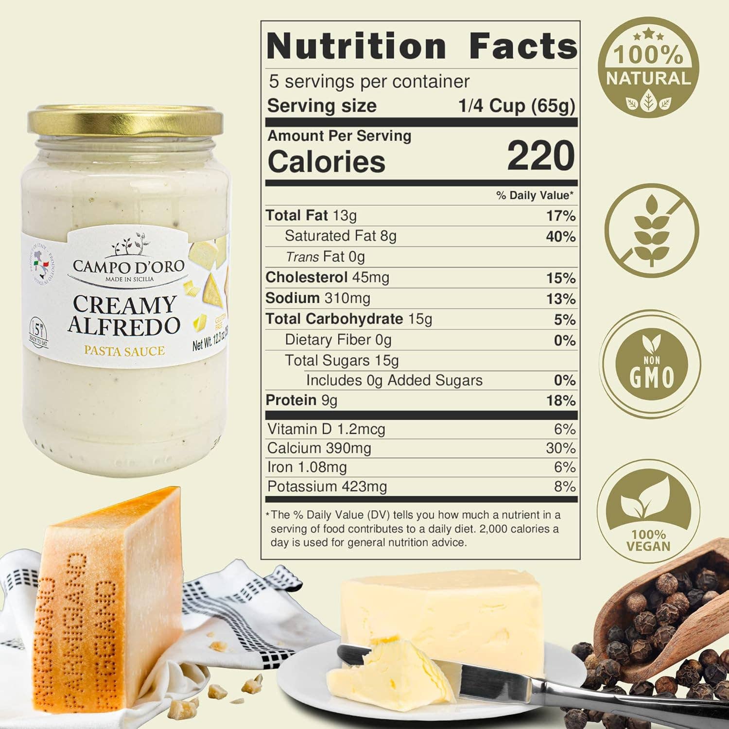 Wholesale Italian Food - Wholesale Pasta Sauce - Campo D'Oro, Creamy Alfredo Pasta Sauce, 12.3 oz (348g)2