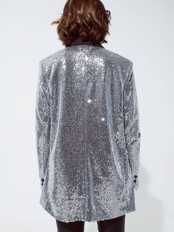 Silver Silver Sequin smokingkavaj med satinsvarta kavajer för wholesale på Faire