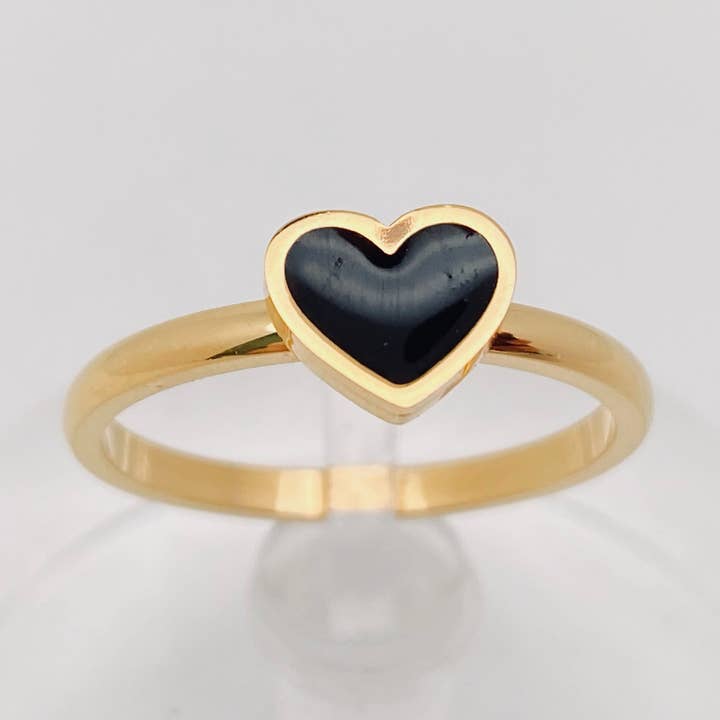 Mio Queena - Wholesale Cocktail/Statement Ring - Black Enamel Heart-shaped Stainless Steel Ring - FGS0