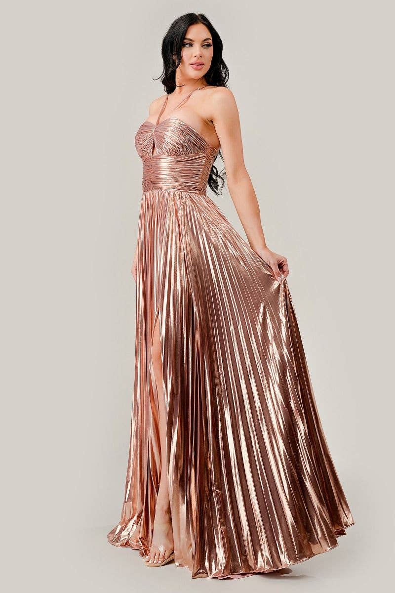Tux-USA® - Wholesale Gown - Women's - Halter Pleated Lame' Metallic A-Line Gown6