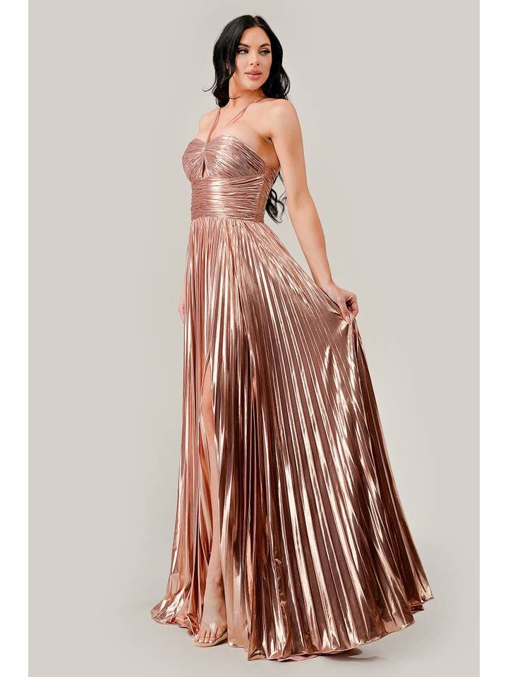 Tux-USA® - Wholesale Gown - Women's - Halter Pleated Lame' Metallic A-Line Gown6