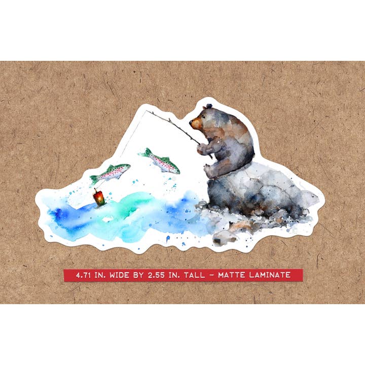 Sticker 'FISHING BEAR' for wholesale by The Art of Dean Crouser Greeting Cards & Stickers