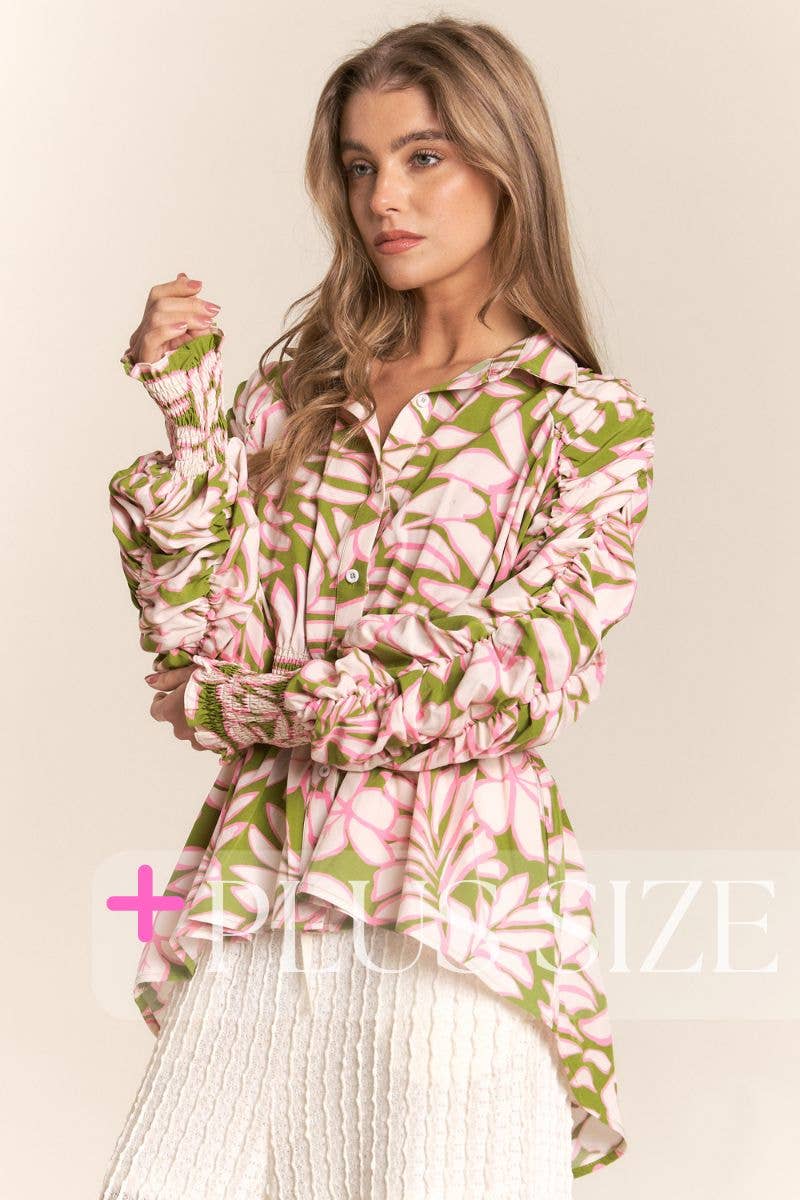 Rosa Verde Top a bottoni asimmetrico con maniche arricciate e stampa floreale taglie forti in vendita all'ingrosso su Faire2