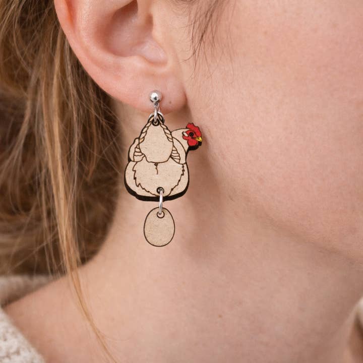 Handmade Chicken Butt Hen & Egg Dangle Earrings – Farmhouse Humor Gift for wholesale by Bead And Beam