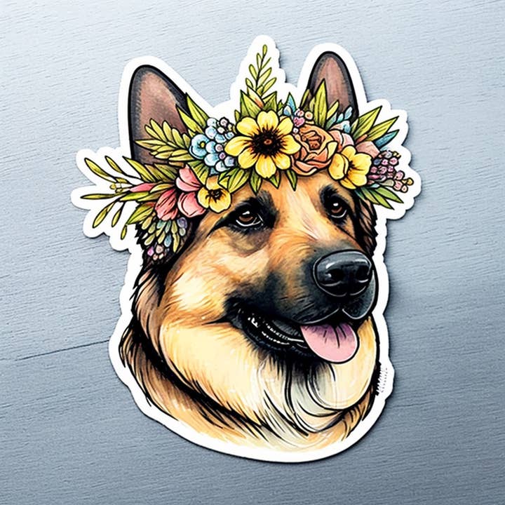 Bruine Duitse herderssticker met bloemen voor wholesale door Elizarae Co.