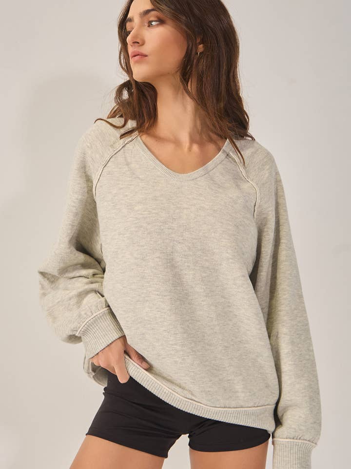OATMEAL IT2398 V-neckline Drop-shoulder Solid Soft Sweatshirt for wholesale on Faire4