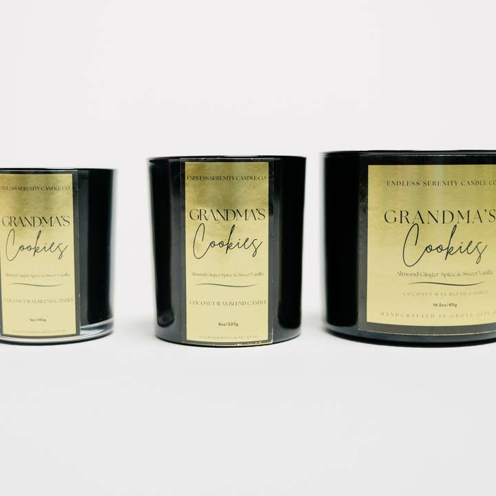 Grandma's Cookies-5oz/10oz/14.5oz Glansig Svart/Guld Glasljus för wholesale av Endless Serenity Candle Co
