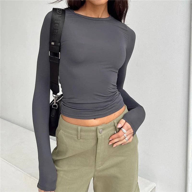 Sheer Trend - Wholesale T-Shirt - Women's - Solid Color Casual Long Sleeved Slim Fit T-Shirt6