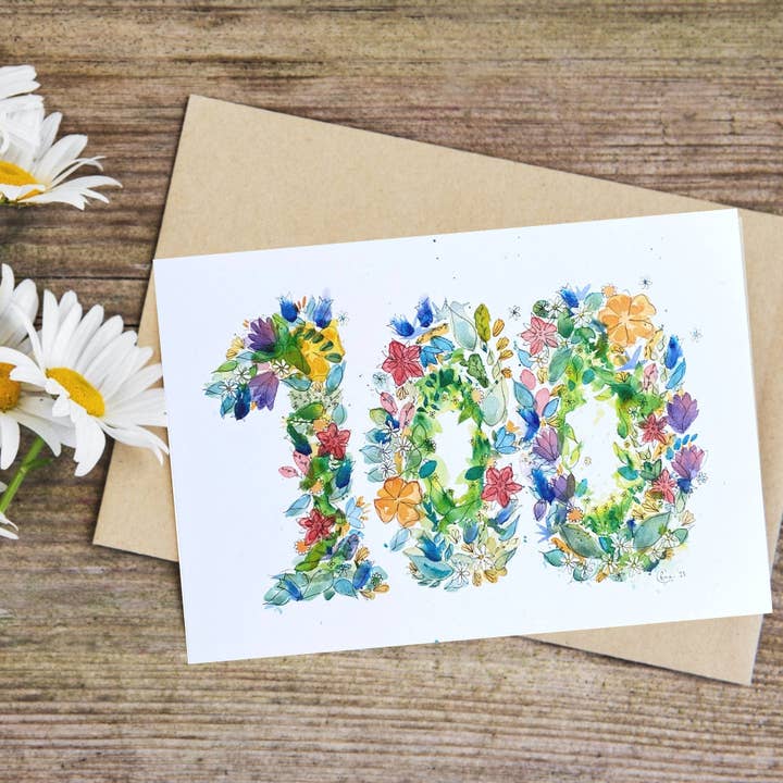 100th Birthday/Anniversary Card x5 for wholesale by Badibidu Watercolours