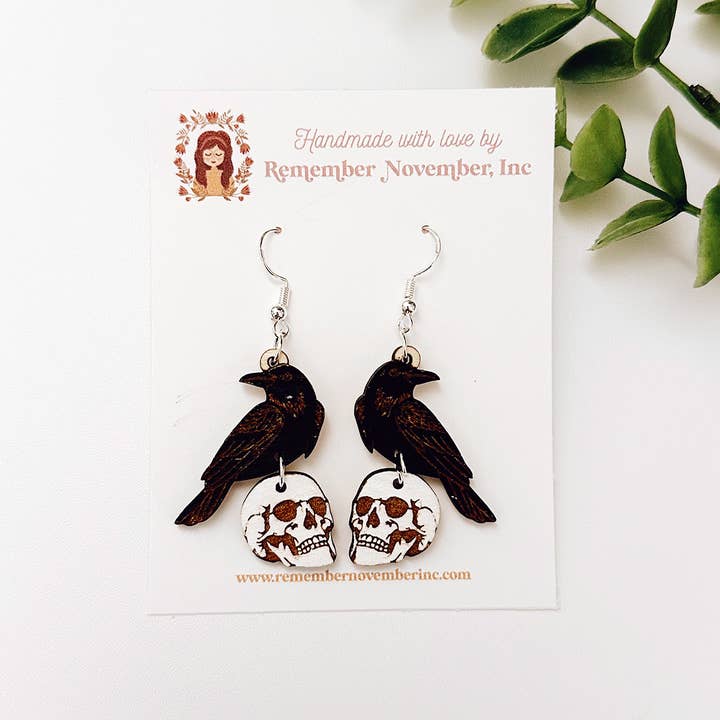 Remember November, Inc - Wholesale Dangle Earrings - Raven Skull Earrings, Handmade, Birch Wood