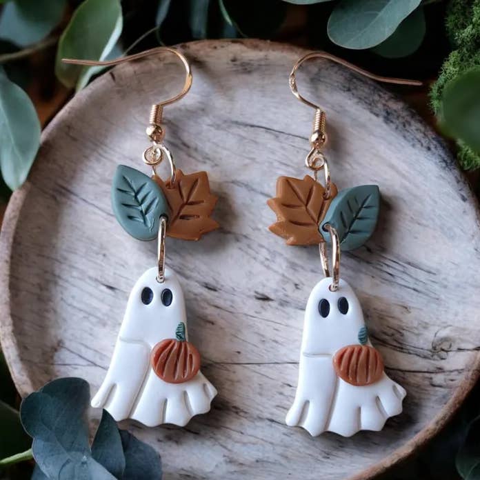 Cute Pumpkin Ghost Clay Fall Cottagecore Earrings for wholesale by Foxy Method
