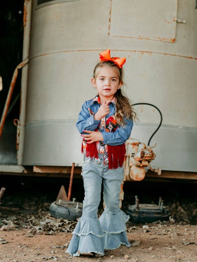 Camisa de Mezclilla con Flecos Azteca y Broches de Perla de Manga Larga, Talla 6-7 para venta al por mayor de Shea Baby