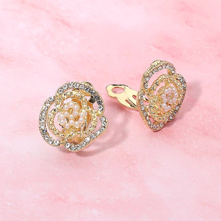 Floral Pearl Rhinestone Cluster Evening Clip On Earrings for wholesale by Sensibling Corp.