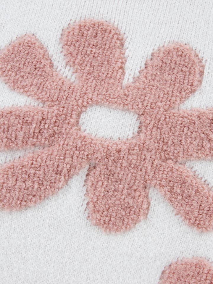 White Textured Flower Drop Shoulder Loose Sweater for wholesale on Faire7