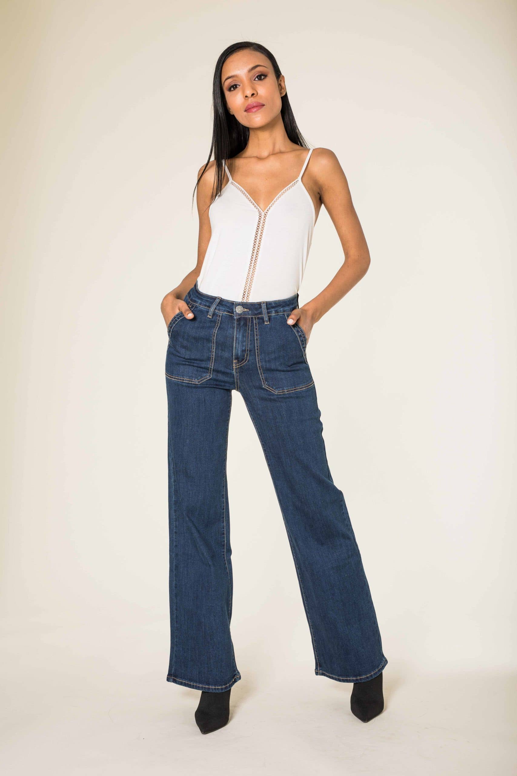 Nina Carter - Vendita all'ingrosso Jeans - Donna - Jeans svasati elasticizzati a vita alta larghi P1231