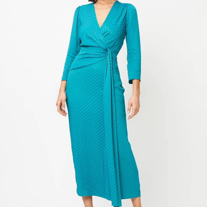 Robe Riona à carreaux bleu sarcelle pour la vente par Fresha London