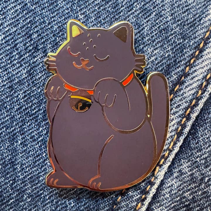 Black Lucky Cat Enamel Pin for wholesale by Happy Little Paper Co