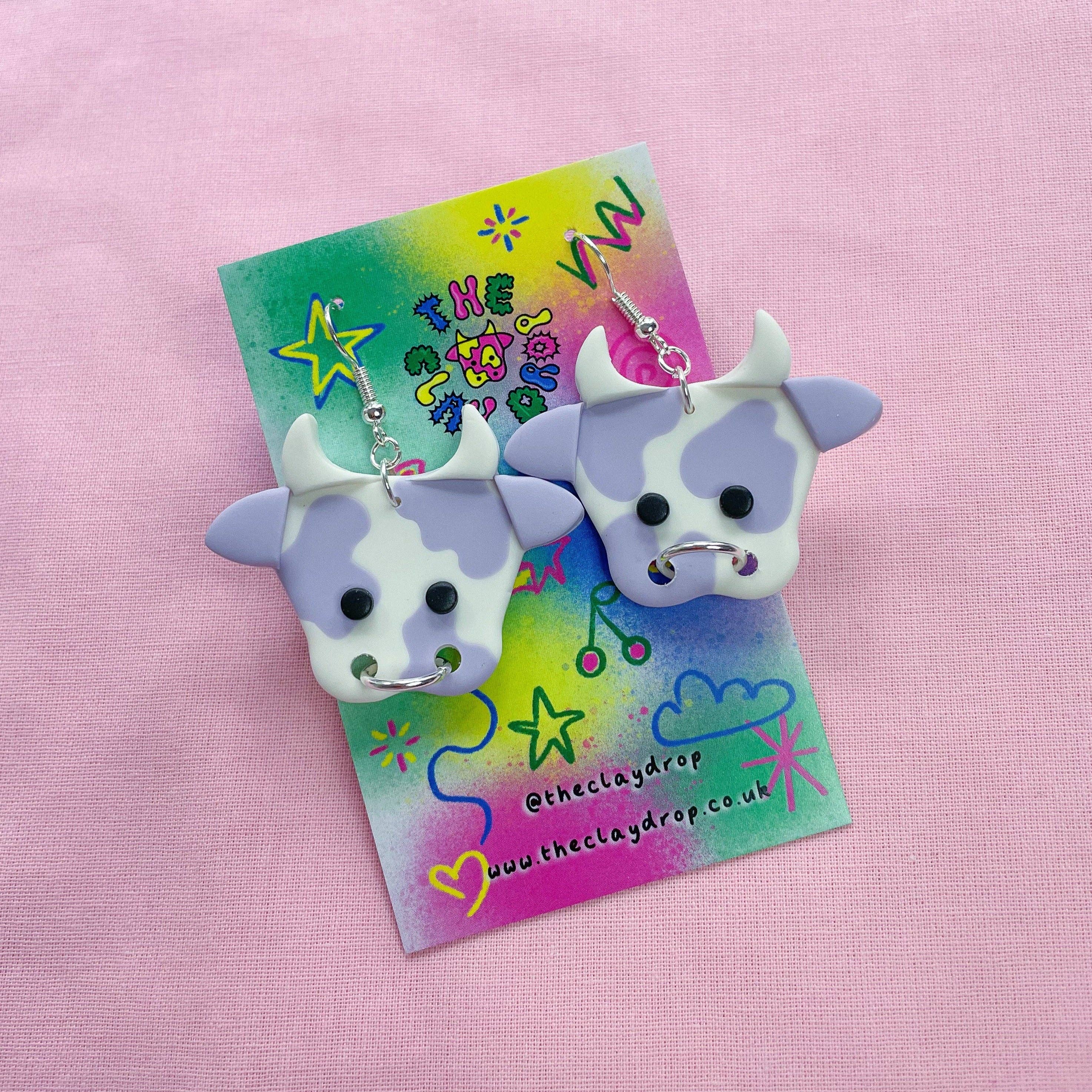 The Clay Drop - Wholesale Dangle Earrings - Purple & White Cow Polymer Clay Earrings - 2 Sizes1