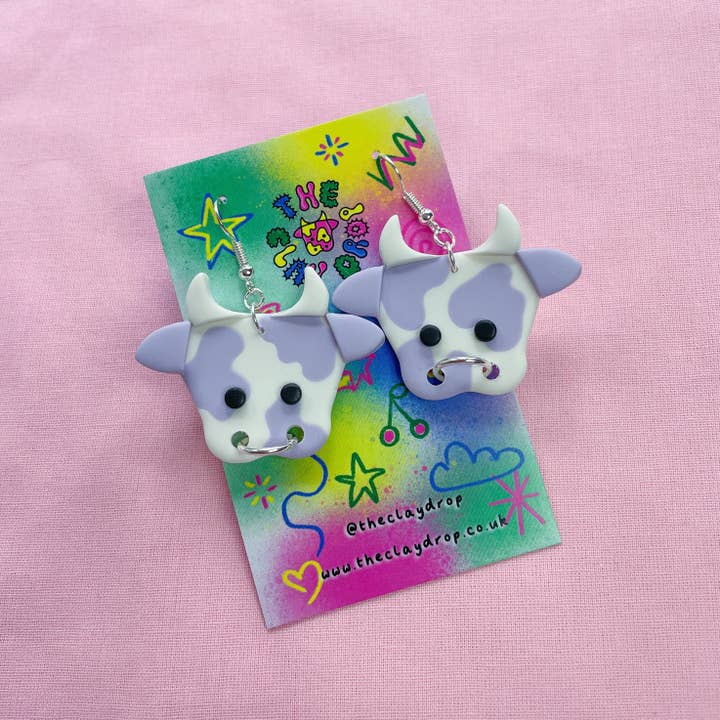 The Clay Drop - Wholesale Dangle Earrings - Purple & White Cow Polymer Clay Earrings - 2 Sizes1