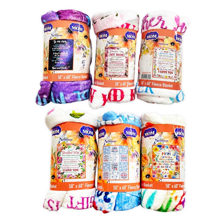 Plush Fleece Blanket 50 x 60 Mother's Day Assortment- 6/Pack for wholesale by Novelty Closeout