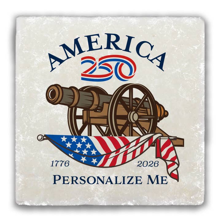 Anpassbarer America250™ Kanonengewürfelter Steinuntersetzer für den Großhandel von Nelson Gifts Wholesale