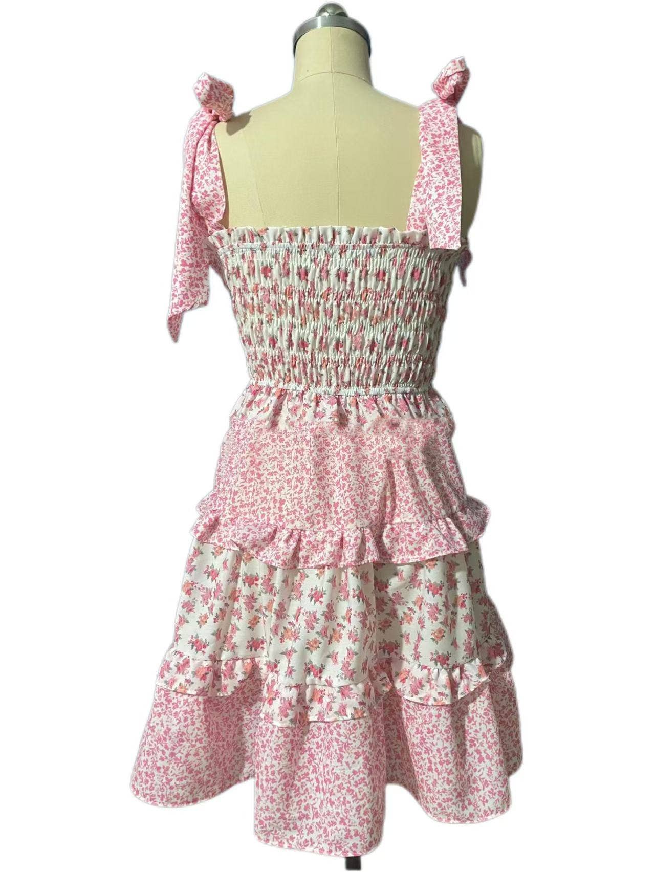 Rosa Clothing - Wholesale Dress - Women's - Floral Smocked bodice tiered mini sundress w bow straps2