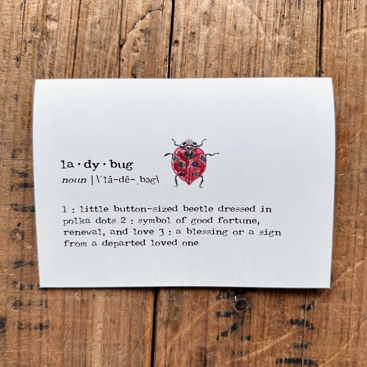 Carte de vœux avec définition de coccinelle en police de machine à écrire pour la vente par Alison Rose Vintage