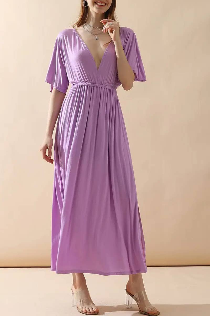 ACCITY - Wholesale Dress - Women's - V-Neck Short Sleeve Back Bow Empire Dress7