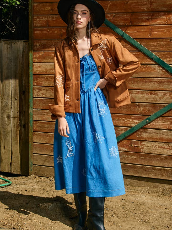 Suede jacket with embroidered details - RJ1054 for wholesale by RAISONNEL