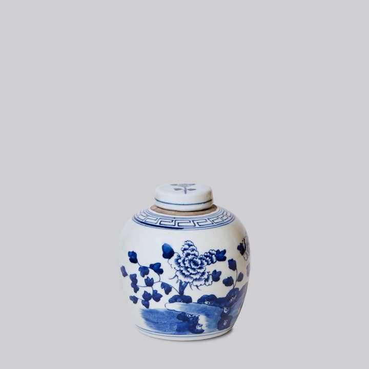Blue and White Porcelain Peony Lidded Round Storage Jar for wholesale by Cobalt Guild