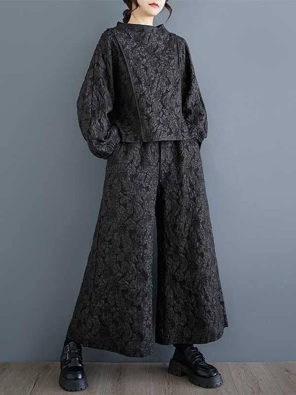 NERO Set di due pezzi con scollo tondo in tinta unita con tasche in jacquard elasticizzato a maniche lunghe in vendita all'ingrosso su Faire4