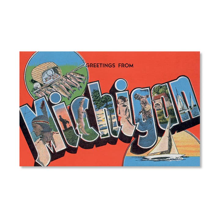 Greetings from Michigan, Red Postcard for wholesale by Peninsulas