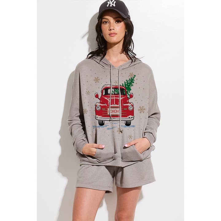 Phil Love – wholesale Mjukisset – Dam – Kort hoodie loungeklädesuppsättning med jullastbilstryck