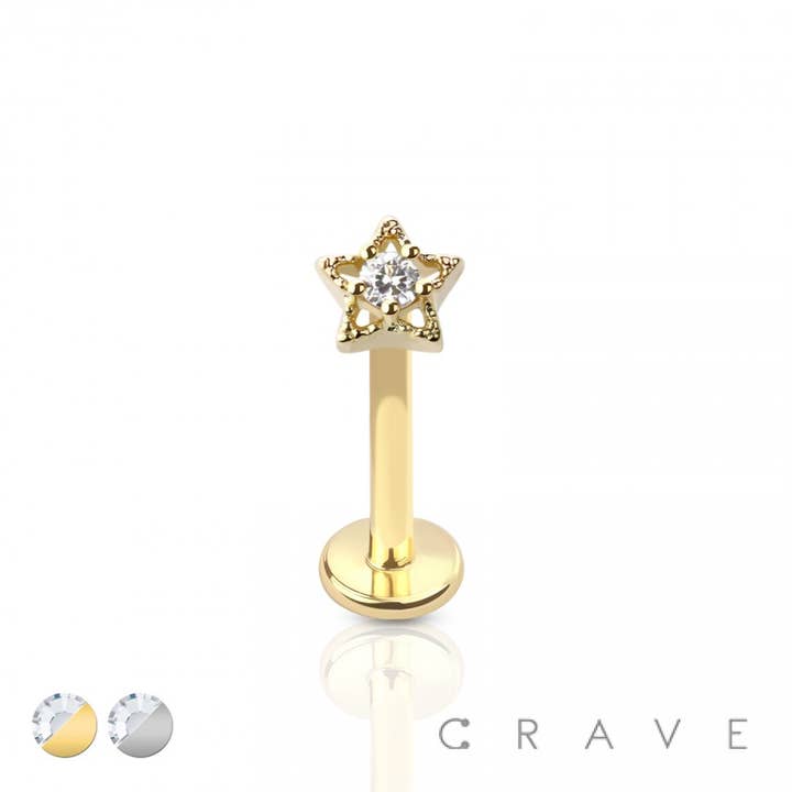 CRAVE BODY JEWELRY - Wholesale Single Earring - 316L SS GEM CENTERED STAR DESIGN LABRET