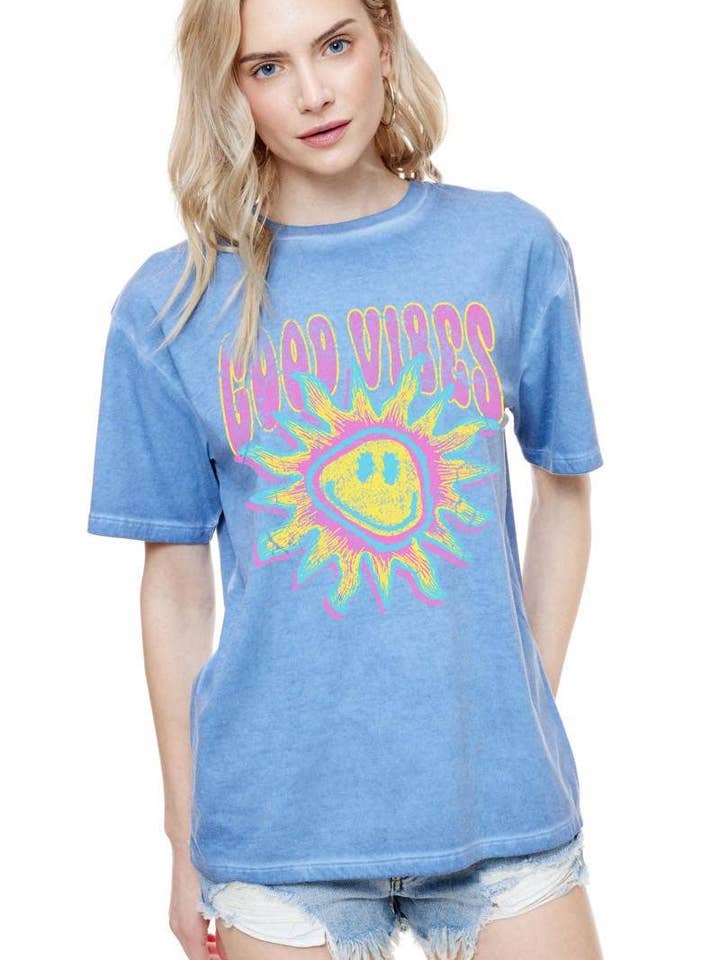 Good Vibes Sunshine Graphic S/S Lunar Dye Tee for wholesale by Foryeri