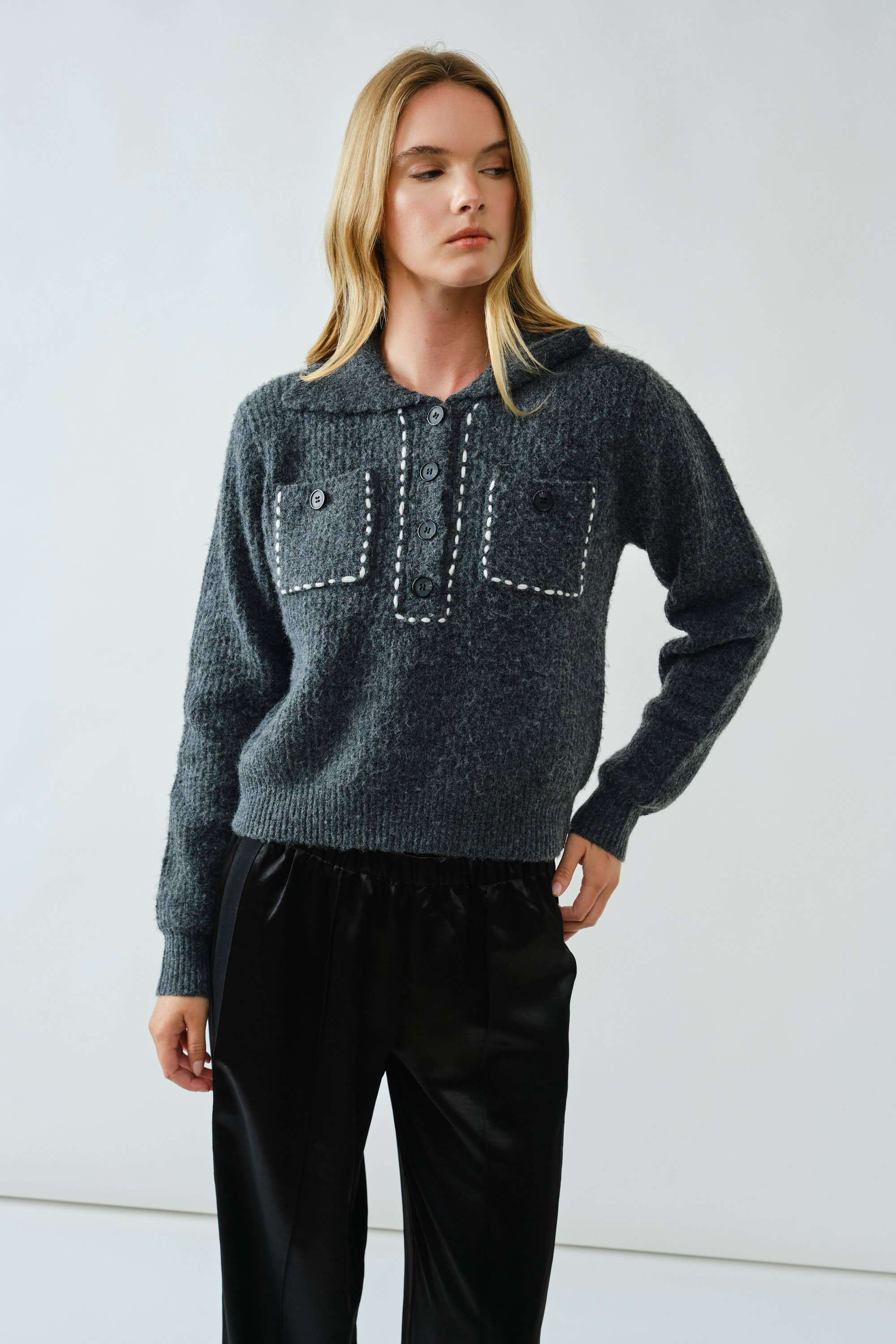 Aaron & Amber - Wholesale Knit Sweater - Women's - AJT5389 STITCH DETAIL COLLAR PULLOVER SWEATER3