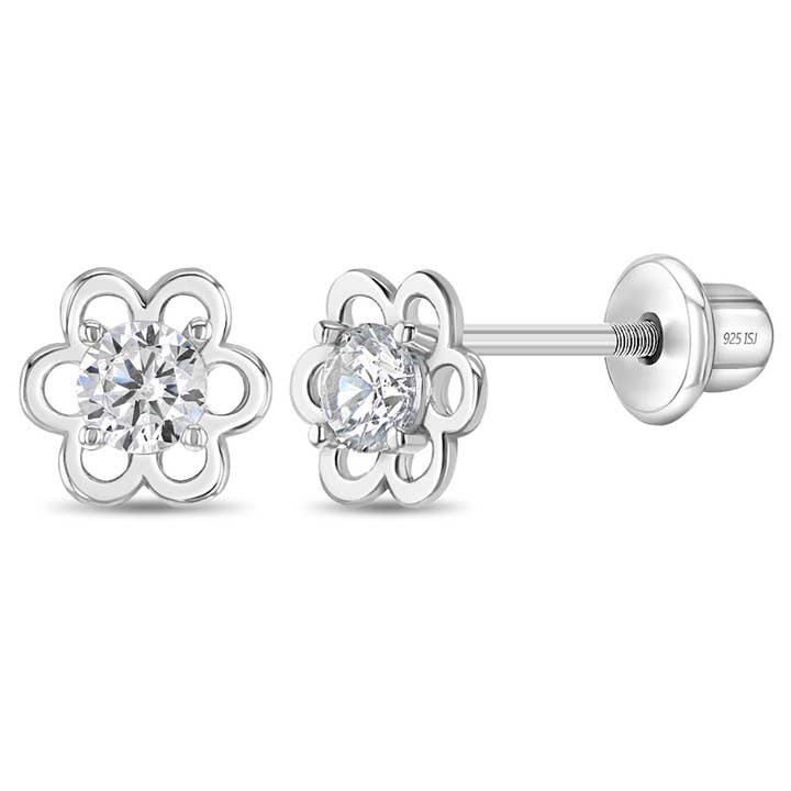 In Season Jewelry - Venta al por mayor Pendientes - Niños - Pendientes transparentes con forma de flor solitaria para niños y niñas, plata de ley