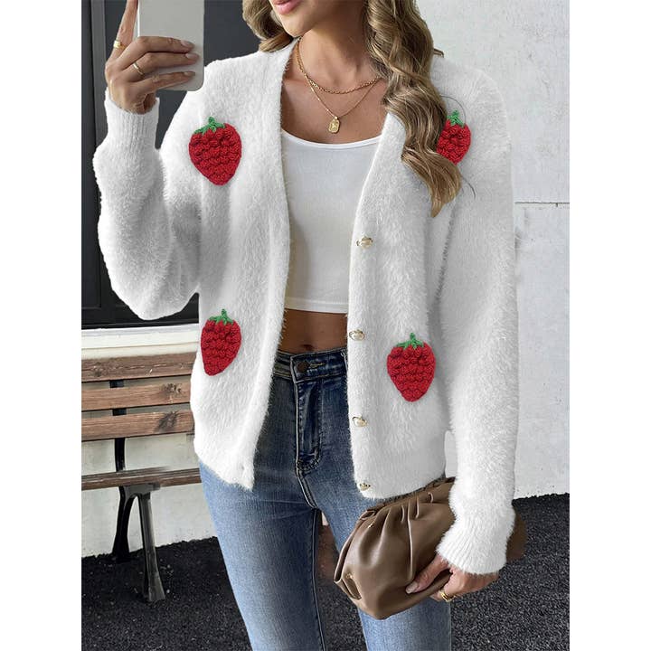 UNISHE - Wholesale Knit Sweater - Women's - Button Embroidered Strawberry Patchwork Knit Cardigan OYM2513