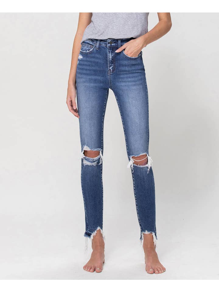 ROMANTIC CHILD HIGH RISE DISTRESSED ANKLE SKINNY JEANS F4422 for wholesale on Faire1