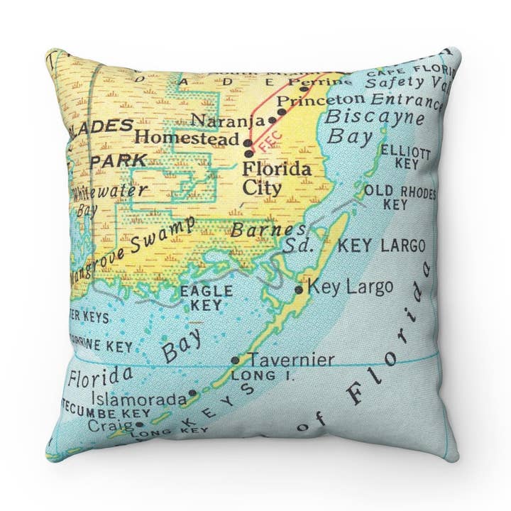 Key Largo Florida Map Pillow – 18" Square Throw Pillow for wholesale by Daisy Mae Designs