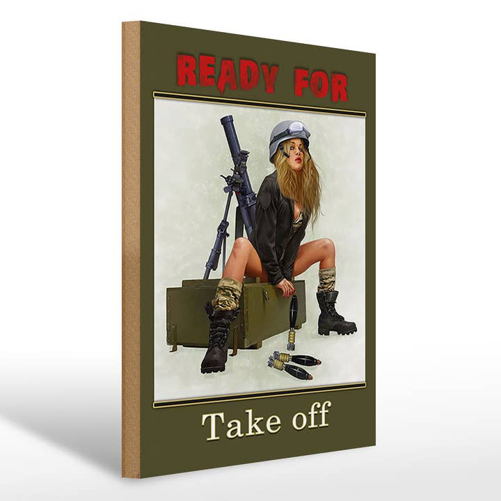 Insegna in legno con scritta 30x40cm Ready for Take off Donna sulla cassa per la vendita all'ingrosso da parte di Femer