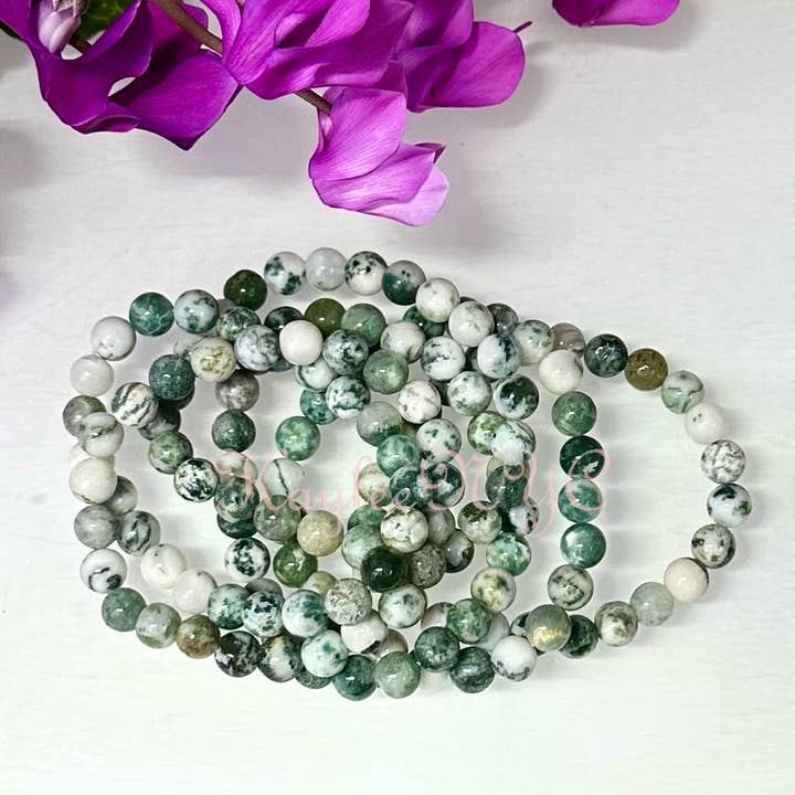 KayleeNYC - Wholesale Beaded Bracelet - Natural Tree Agate 8mm 7.5” Crystal Stretch Bracelet