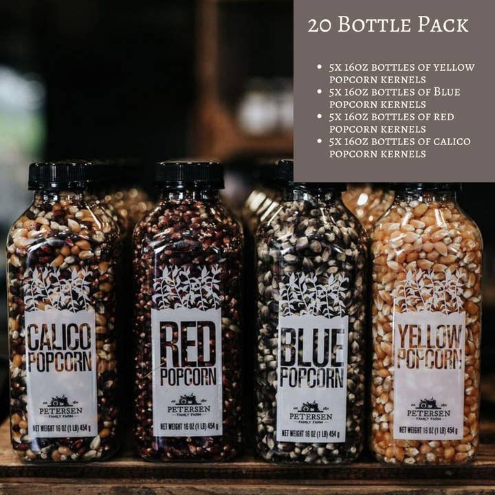 Petersen Family Farm - Wholesale Popcorn Kernels - 20 Bottle Popcorn Kernel Pack - Red, Blue, Yellow & Calico