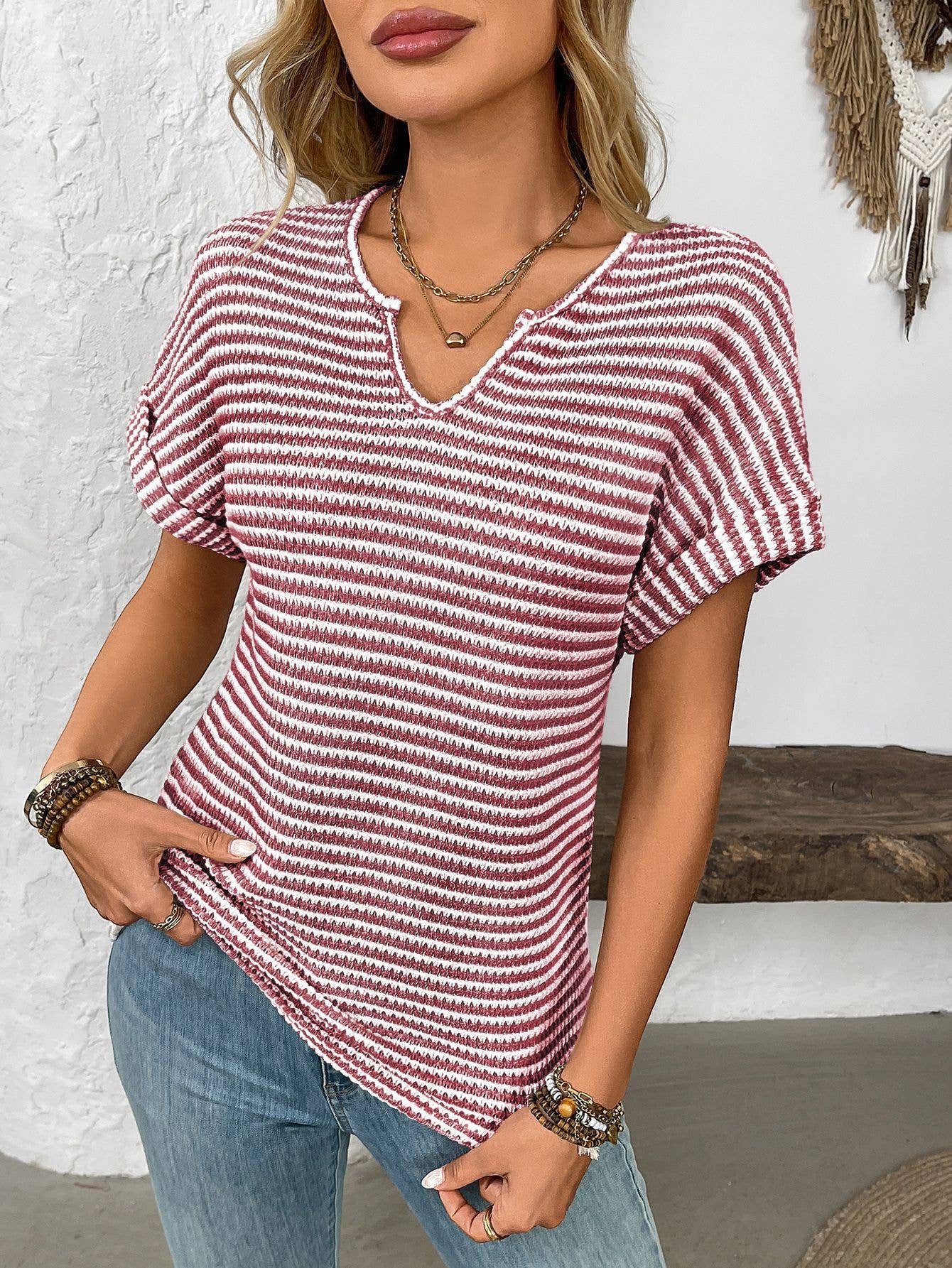 Lily Clothing - Wholesale Shirt - Women's - V-neck loose striped casual pullover T-shirt3