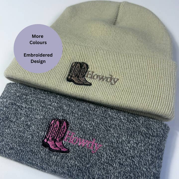 Howdy Cowboy cowgirl boots embroidered western beanie hat for wholesale by Thread and Needles Co