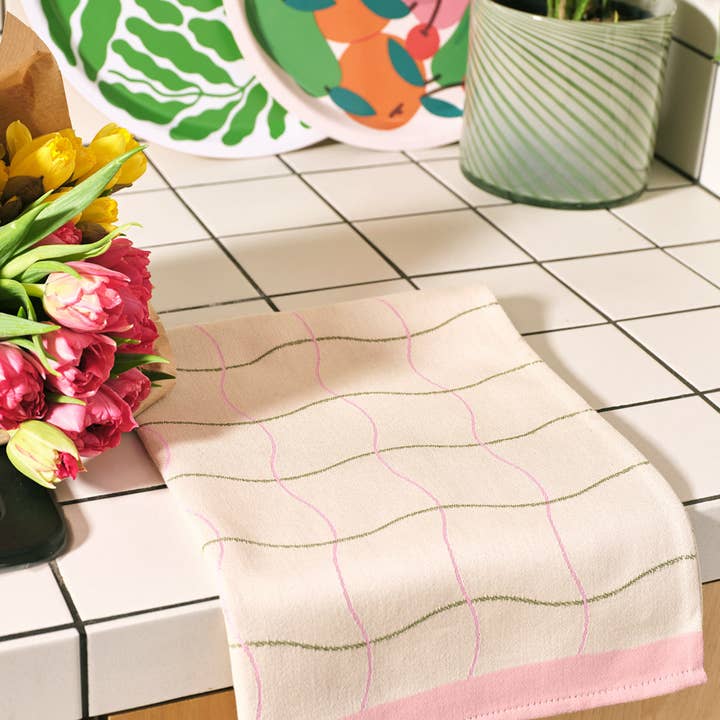 Wrap - Wholesale Tea Towel - Wave Grid Natural Woven Cotton Tea Towel5
