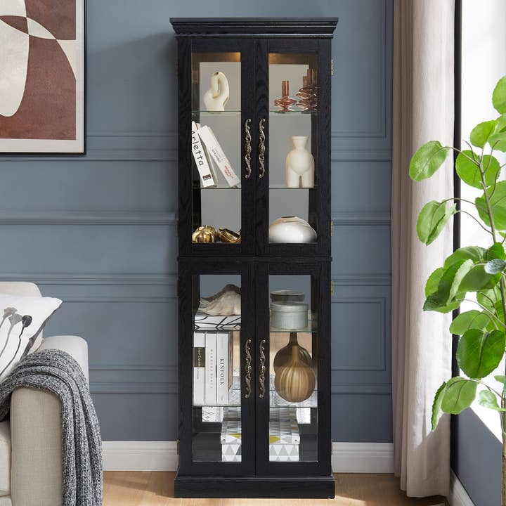 Elegant Lighted Glass Curio Display Cabinet,Black for wholesale by 39F Inc.